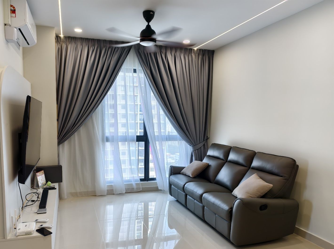Living room with curtains